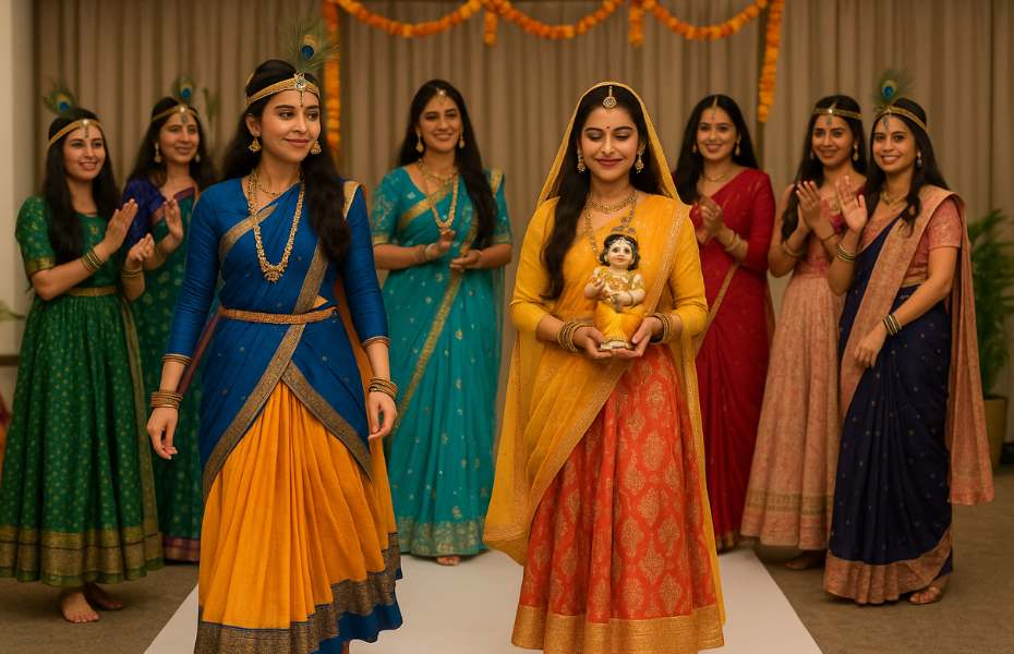 Ladies dressed as Radha Krishna for Janmashtami kitty party dress code