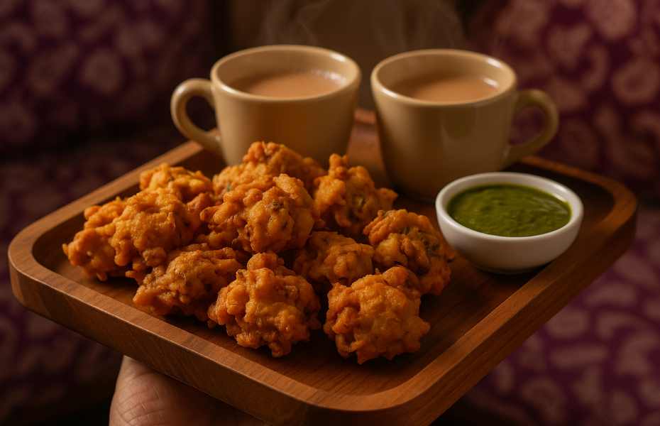 Hot pakoras served in a wooden tray