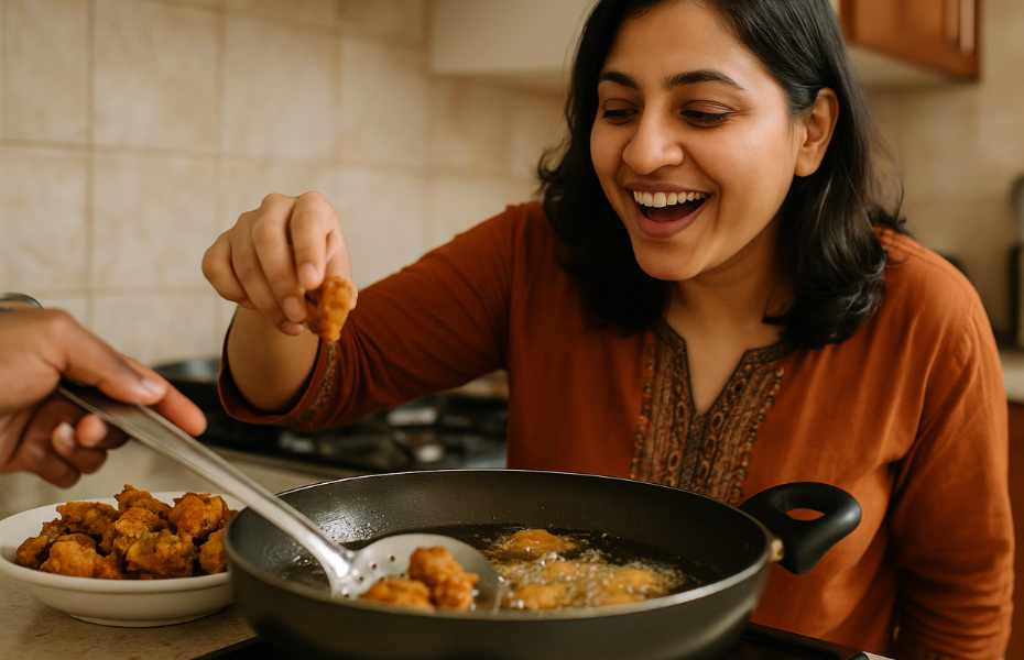 Golden brown pakoras frying in hot oil