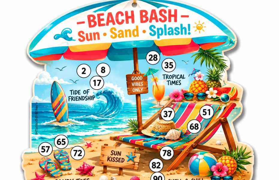 Beach-themed tambola tickets for tropical kitty party games